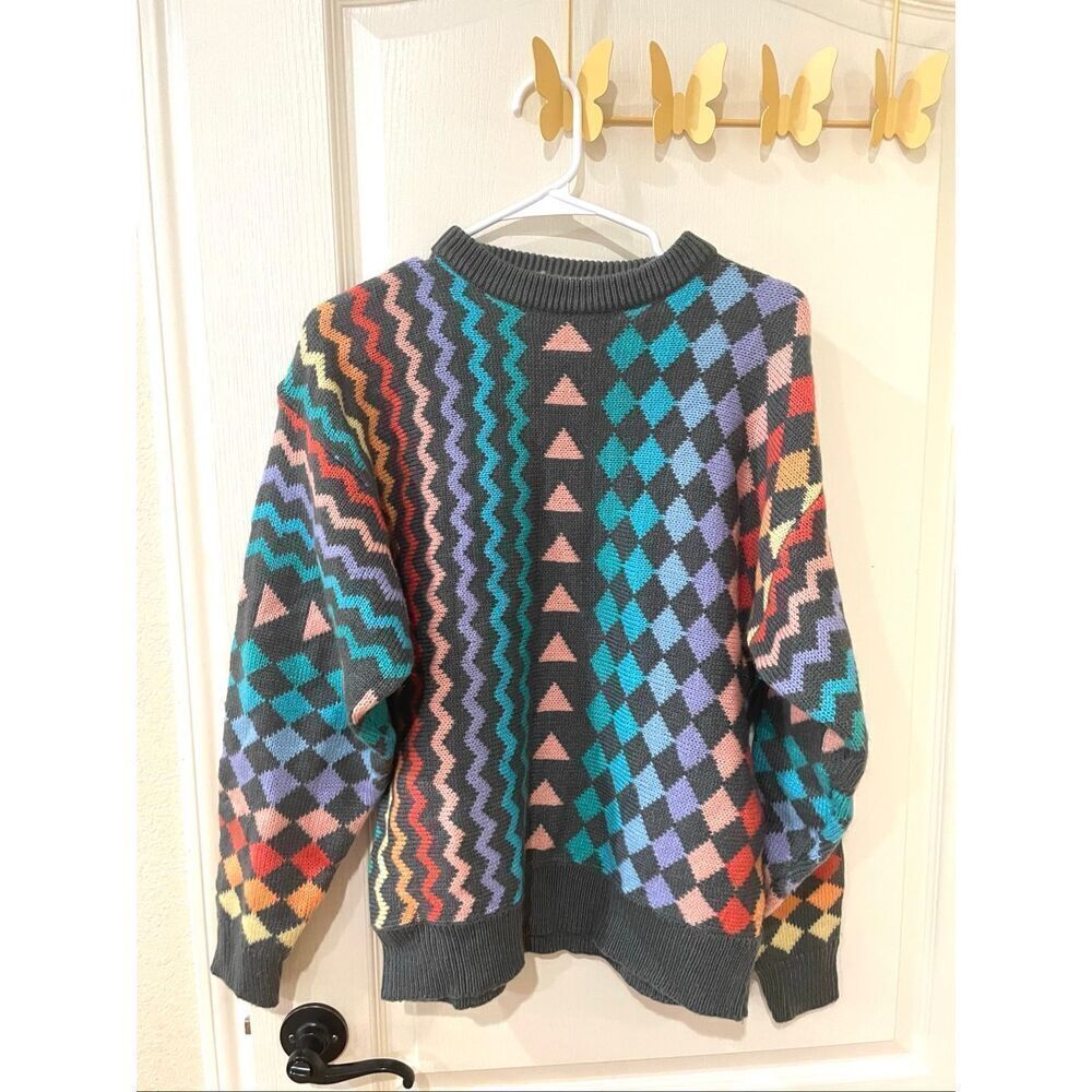 VTG Saturdays Sweater Mens S Gray Teal Purple Pink Red Geometric Knit Crewneck